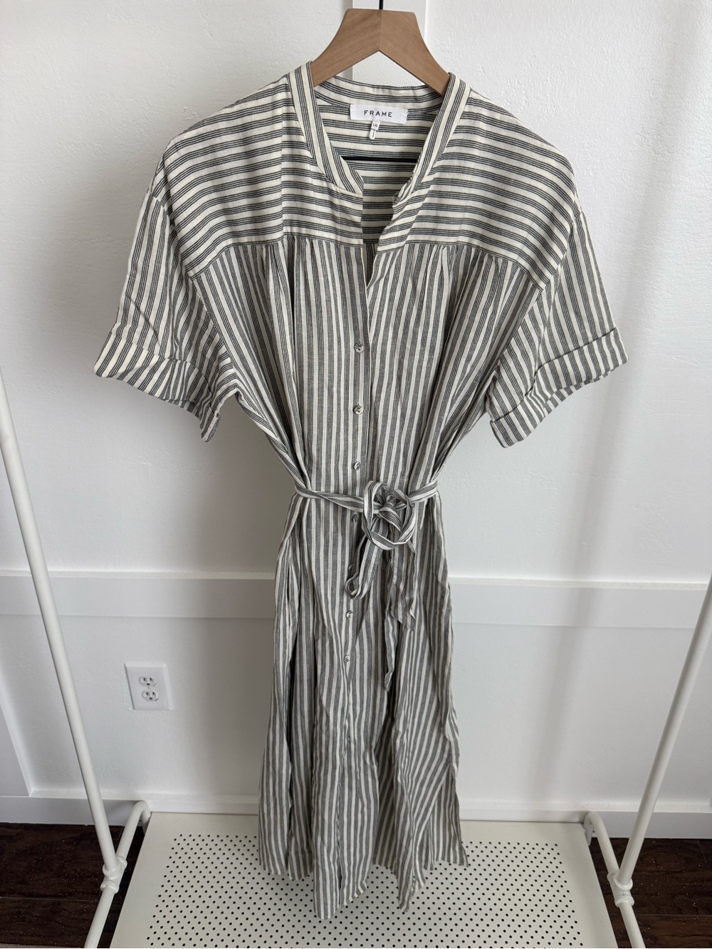 Frame Linen Blend Belted Striped Midi Dress